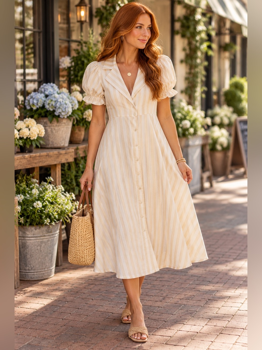 NWT WeWoreWhat Bella Dress XS Shortbread Stripe Puff Sleeve Midi Dress $320